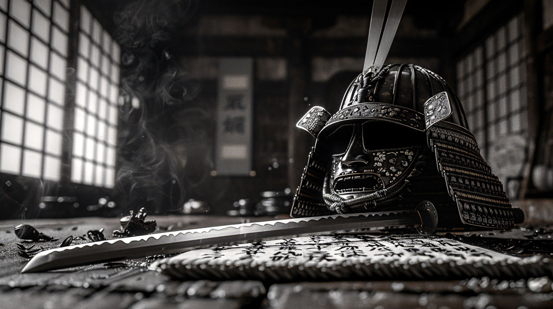 "A detailed samurai helmet and a katana resting on a scroll with Japanese calligraphy, inside a traditional dojo filled with smoke and soft ambient light."