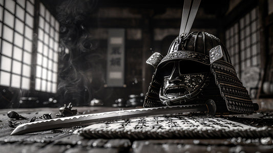 "A detailed samurai helmet and a katana resting on a scroll with Japanese calligraphy, inside a traditional dojo filled with smoke and soft ambient light."