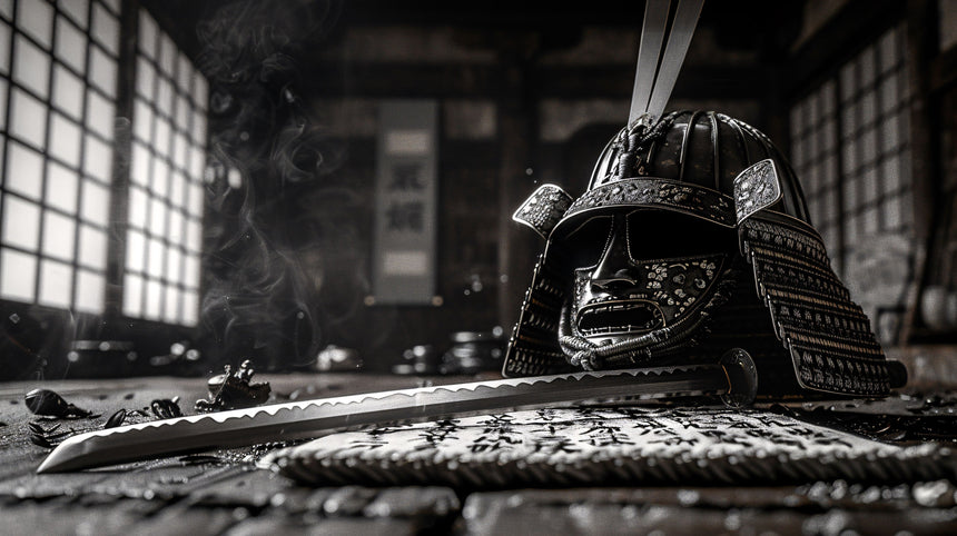 "A detailed samurai helmet and a katana resting on a scroll with Japanese calligraphy, inside a traditional dojo filled with smoke and soft ambient light."