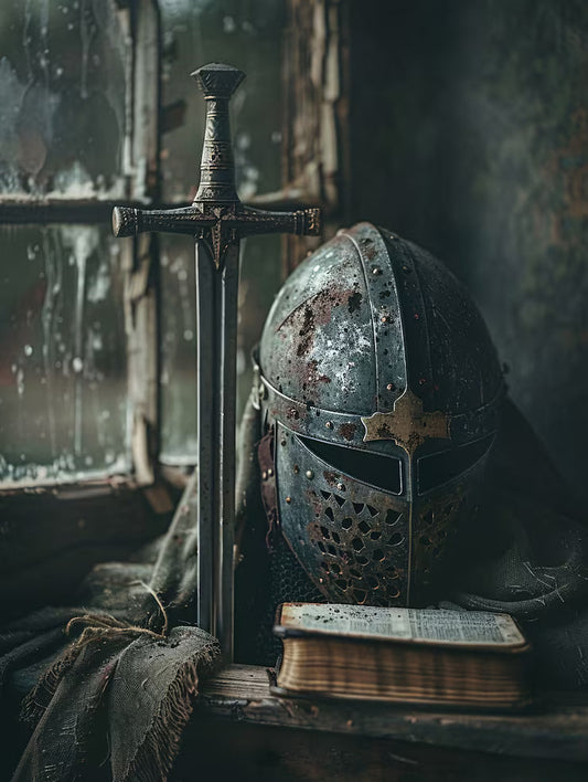 Rusty knight helmet with a sword and old book by a rainy window.