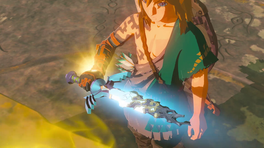 Artwork of Link holding the glowing Master Sword, viewed from above with warm light and magical energy surrounding the blade.