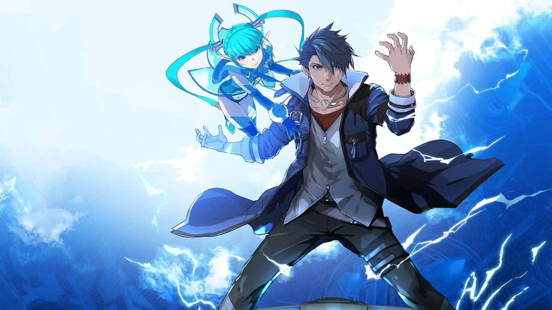 Anime style artwork showing a male hero in a blue coat using electric energy, with a glowing blue AI companion floating behind him against a futuristic, lightning filled background.