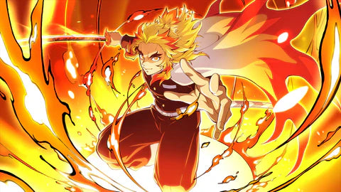 Flame Hashira Rengoku lunging forward with a blazing sword attack surrounded by swirling fire.