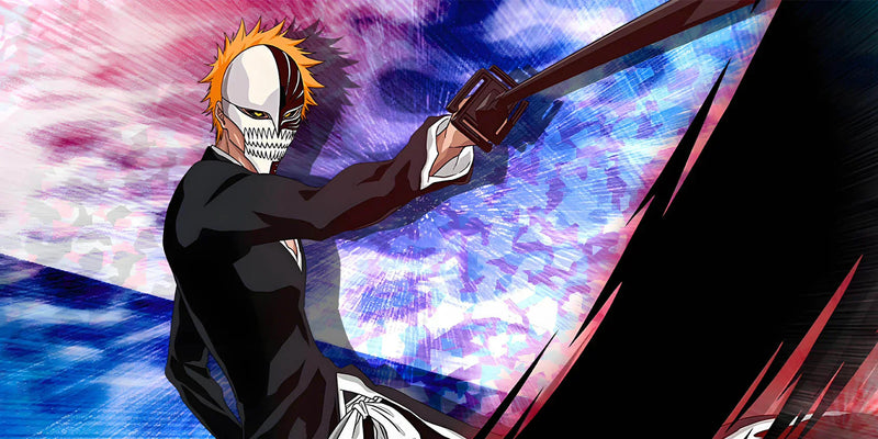 An anime warrior in a black shihakusho and white Hollow mask wielding a large zanpakuto against a swirling blue and pink energy background.