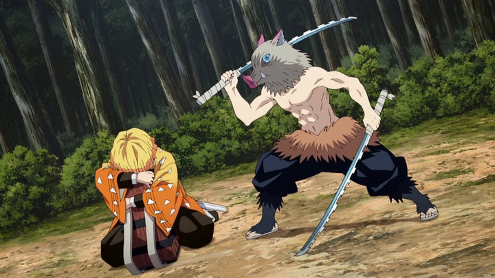 Anime swordsman in a boar mask attacks a crouching fighter in a forest.