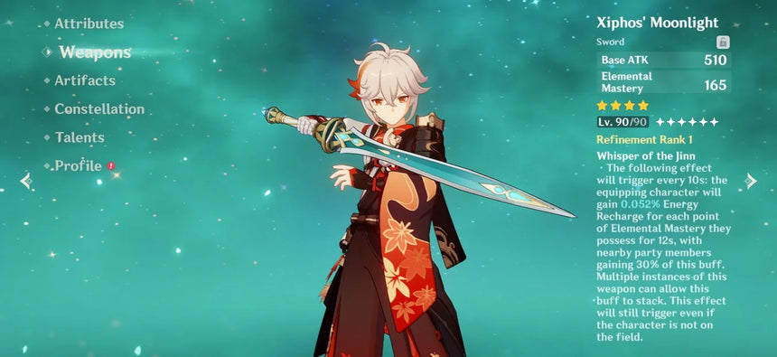 Character screen from Genshin Impact showing Kaedehara Kazuha holding the Xiphos’ Moonlight sword, with weapon stats and attributes displayed on the right side.