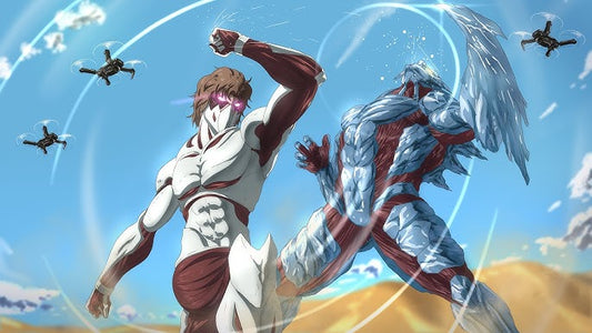 Two muscular humanoid fighters clash mid-battle in a desert as drones hover overhead.