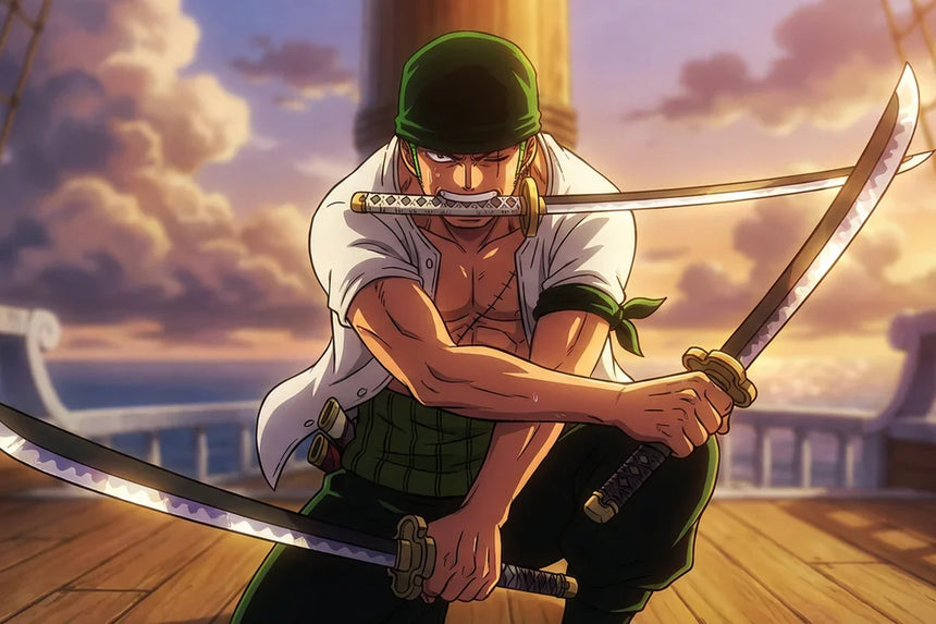 Anime artwork of Roronoa Zoro crouching on a ship deck at sunset, holding three swords in his signature fighting stance.