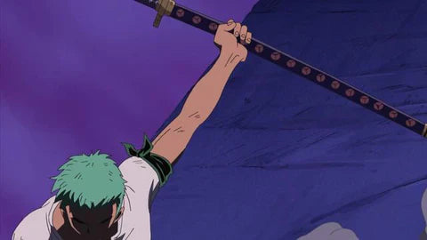 Anime swordsman raises a katana overhead mid-action.