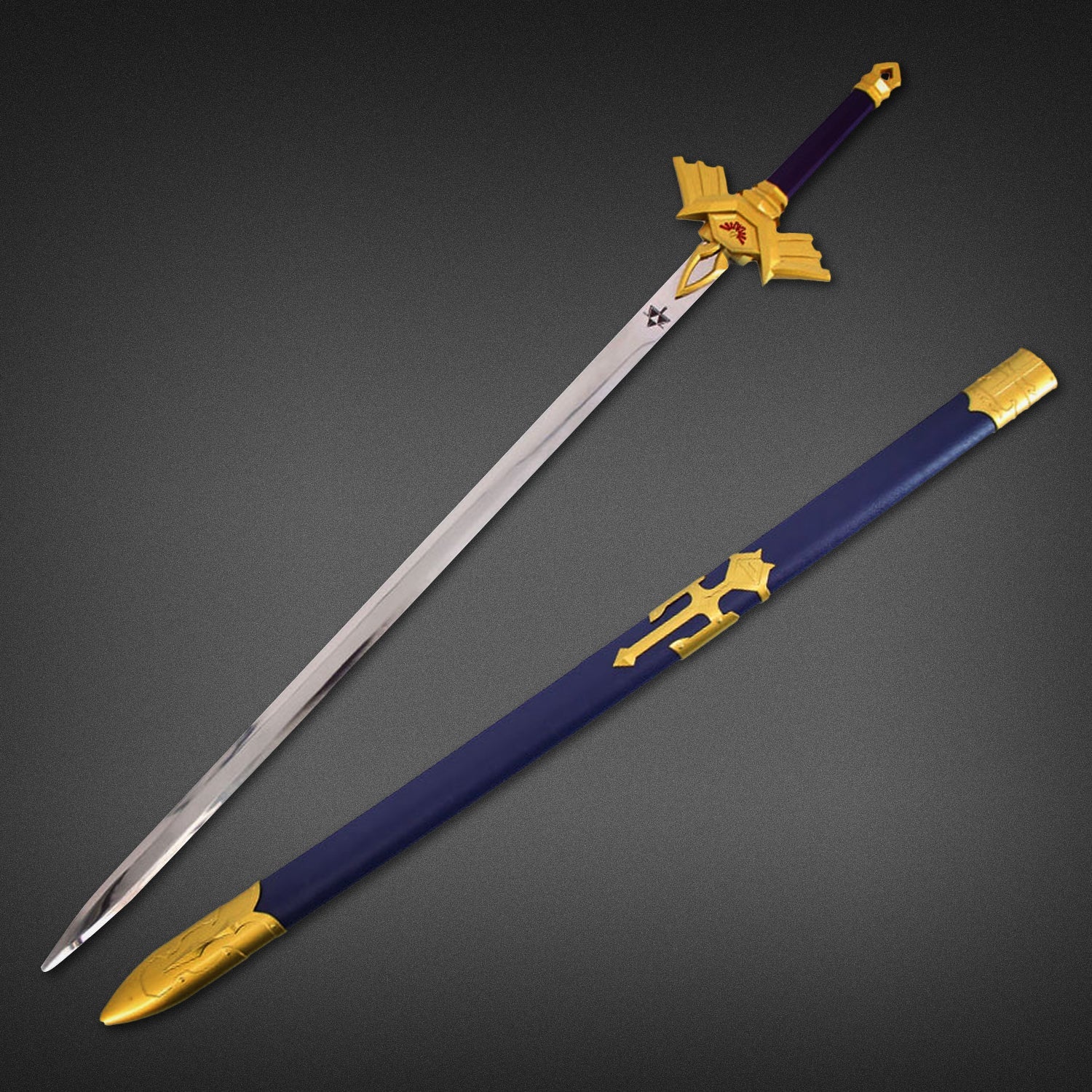 A replica of the Master Sword from The Legend of Zelda, featuring a silver blade with a golden crossguard, purple grip, and blue scabbard accented with gold details, displayed on a dark background.
