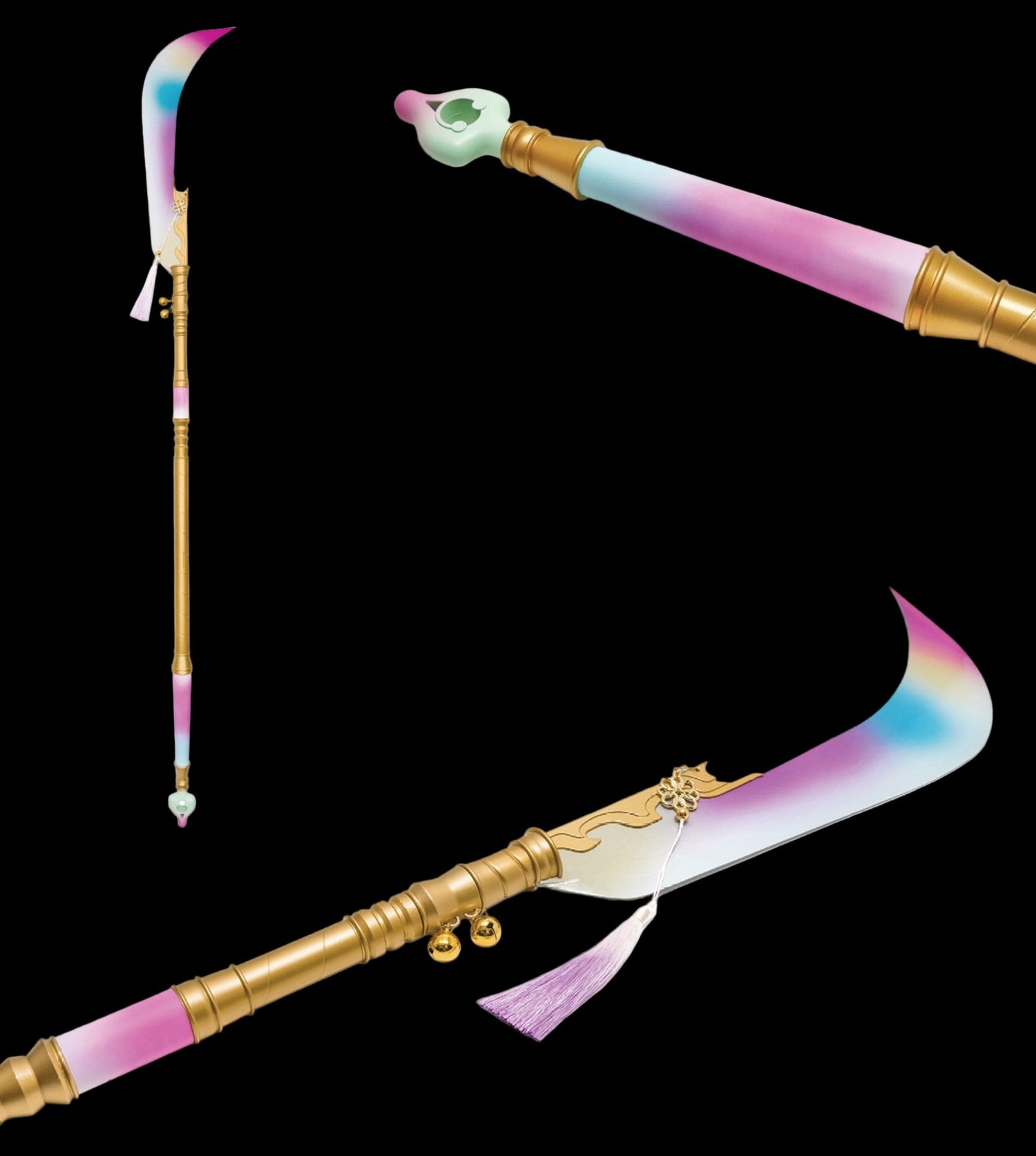 Pastel-colored crescent blade staff with gold accents on a black background.