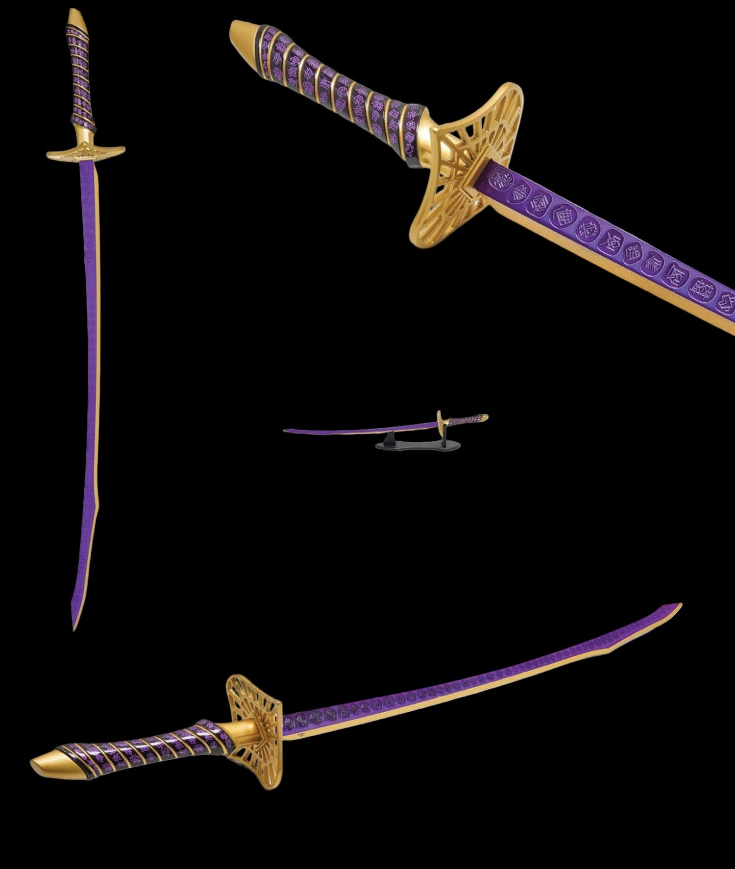 Purple-bladed katana with gold hilt and engraved symbols, shown from multiple angles.