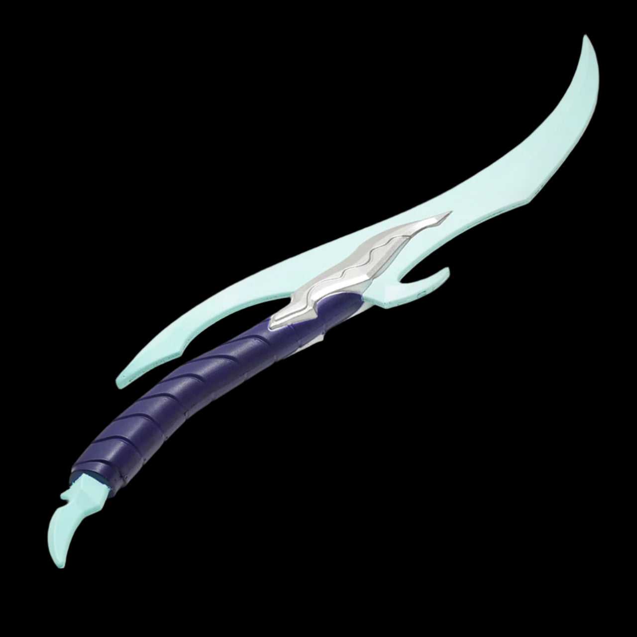 Curved fantasy-style dagger with a light teal blade, silver center detail, and a dark blue wrapped handle, displayed against a black background.