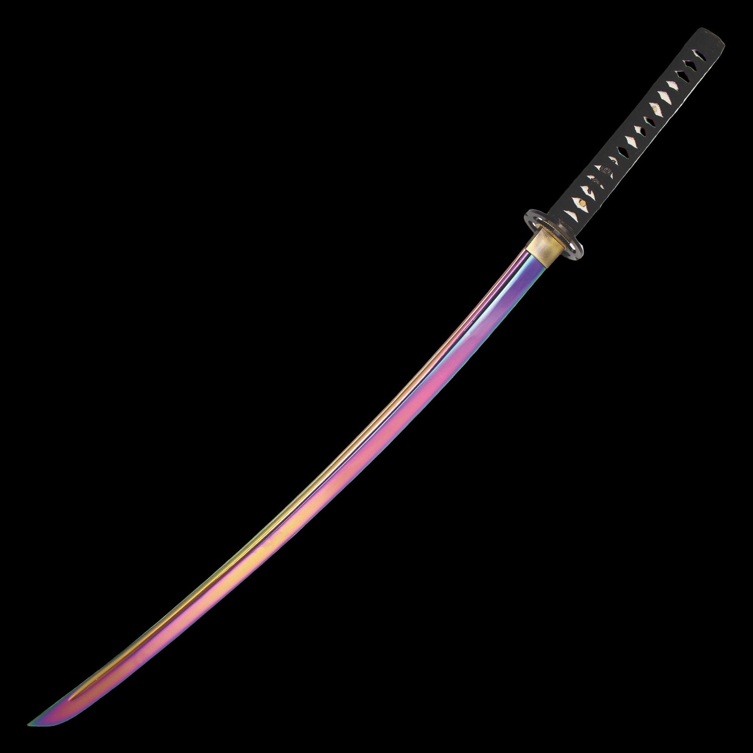 Rainbow-finished katana with an iridescent blade, black wrapped handle, and round guard against a black background.