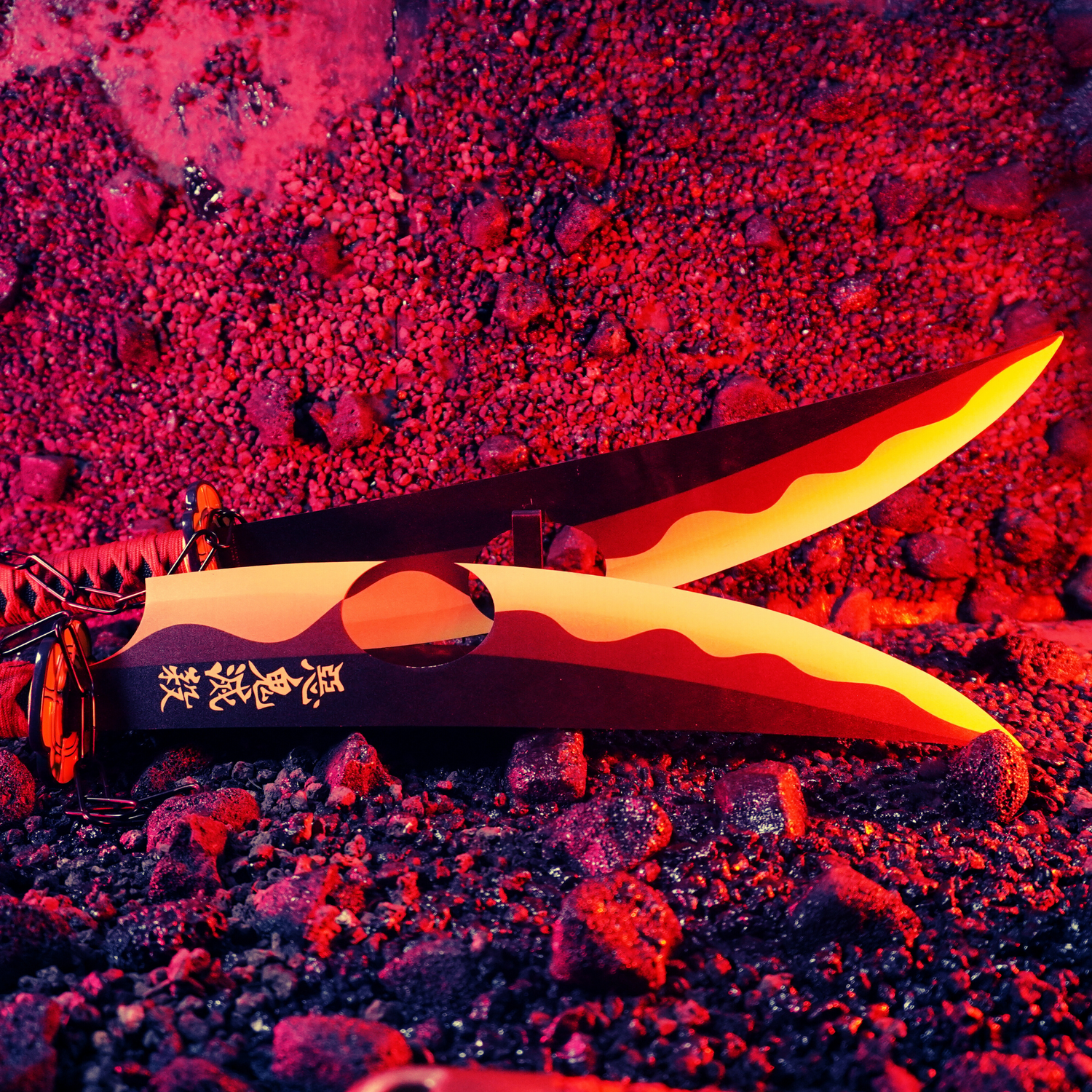 Black and yellow anime-style twin blades with flame patterns and gold lettering, displayed on rocky ground under intense red lighting.