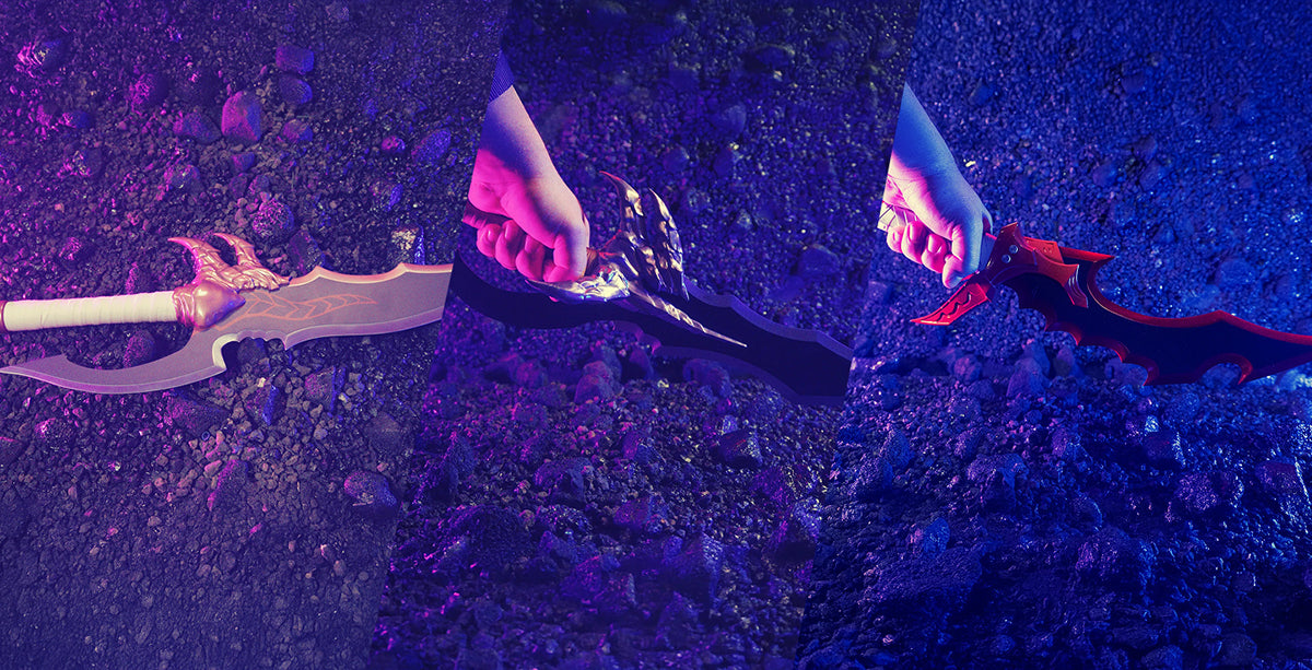 Three fantasy-style swords displayed side by side under vibrant purple and blue lighting, each resting on rocky ground, with hands gripping the hilts of the center and right blades.