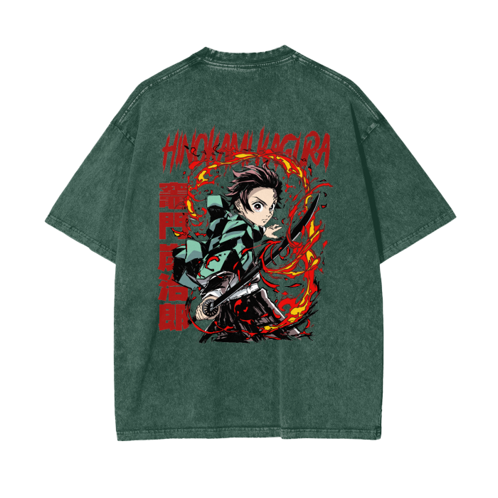 Tanjiro Kamado Hinokami Kagura Stone Wash T-Shirt - Demon Slayer