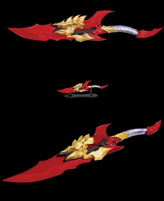 Red and gold sword with dragon design on a white background