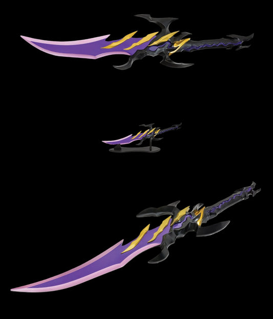 Fantasy sword with purple and yellow blade on a white background