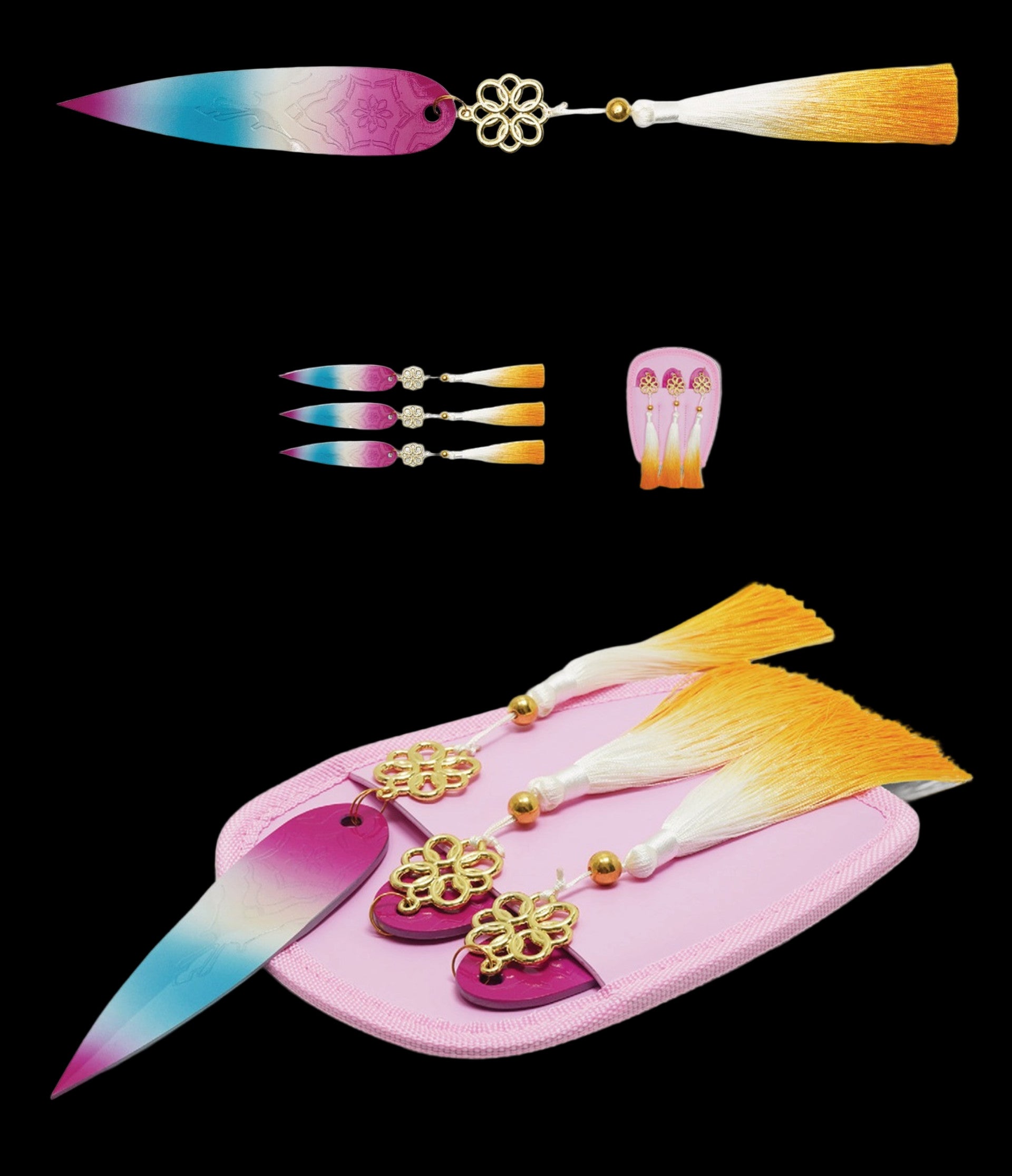 Decorative hair accessories with colorful feathers and gold elements on a white background