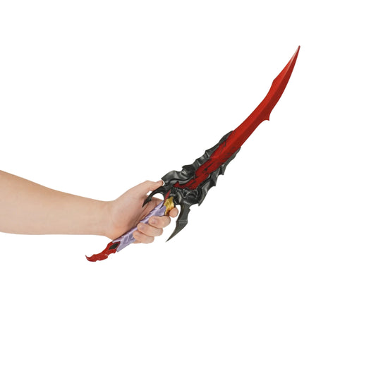 Hand holding a red and black fantasy sword against a white background