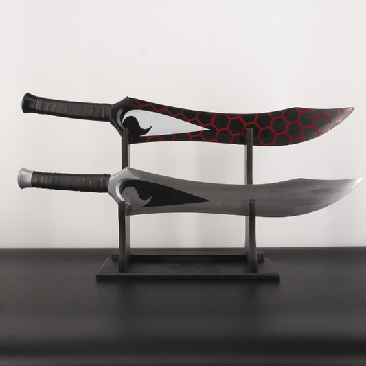 Two swords on a stand with a white background