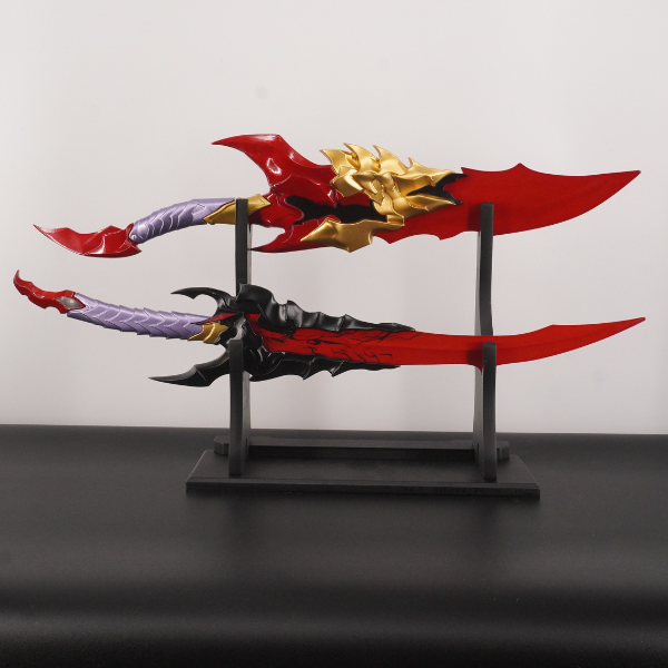Decorative swords on a stand against a plain background