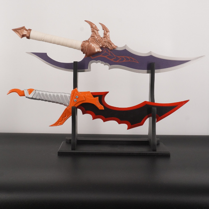 Two fantasy swords on a stand against a white background