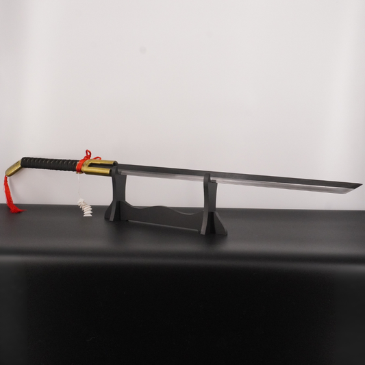 Sword with a black sheath on a stand against a white background
