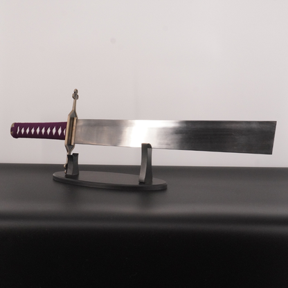 Sword with a purple handle on a stand against a white background