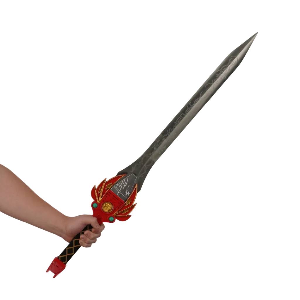 Sword with decorative handle held by a person against a plain background