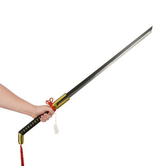 Sword held by a hand with a white background