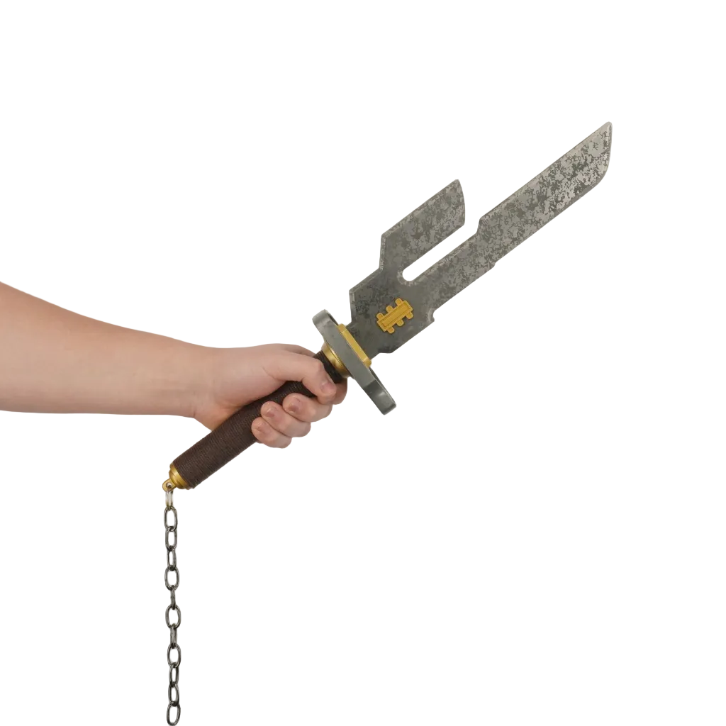 Hand holding a large sword with a chain on a light gray background