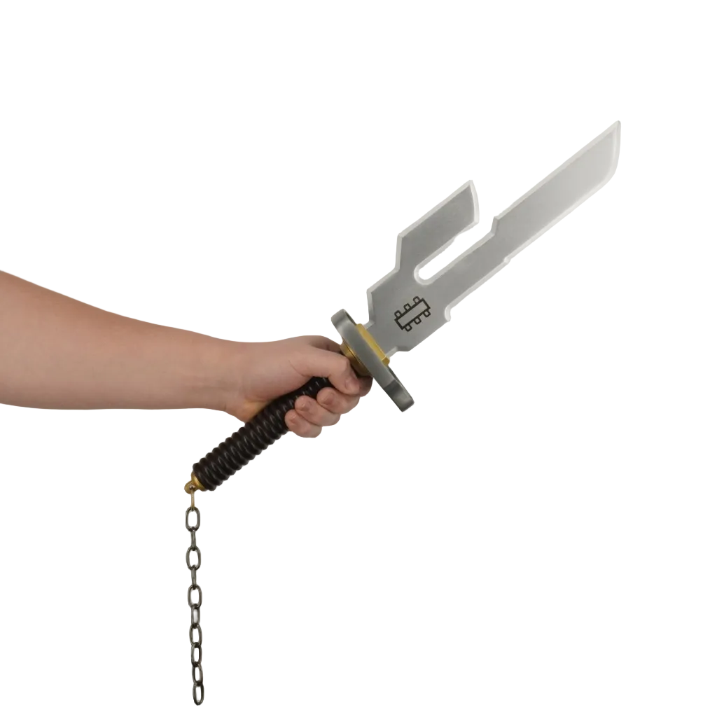 Hand holding a weapon with a chain against a plain background