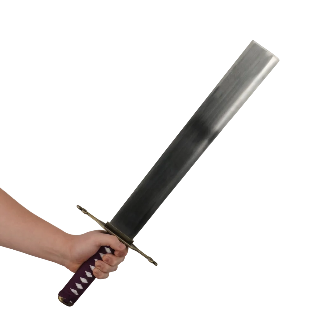 Hand holding a sword with a purple handle against a plain background