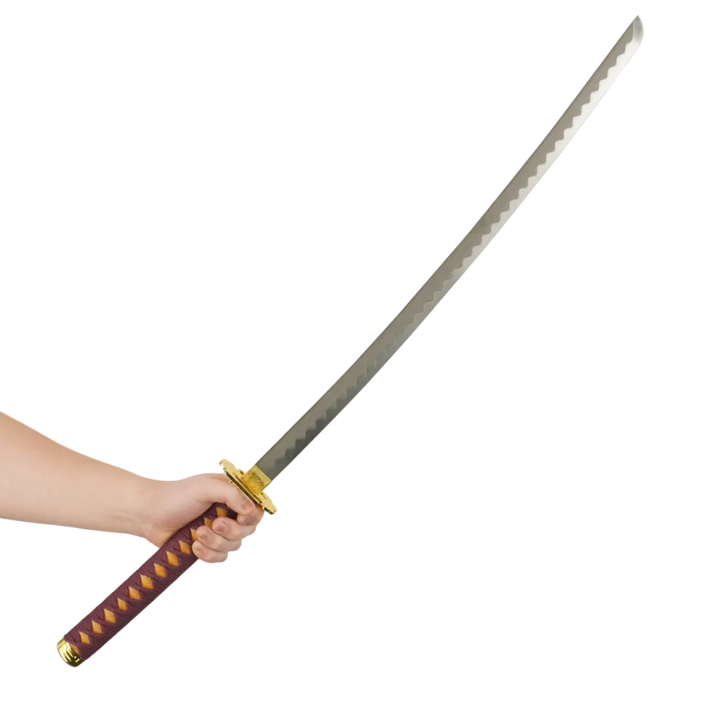 Sword held by a hand on a light gray background