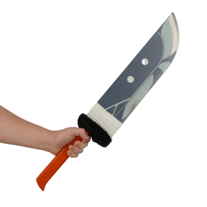 Hand holding a toy weapon with a blue blade and orange handle against a plain background