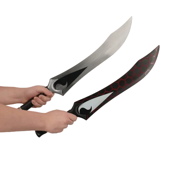 Two large knives held by a person against a white background