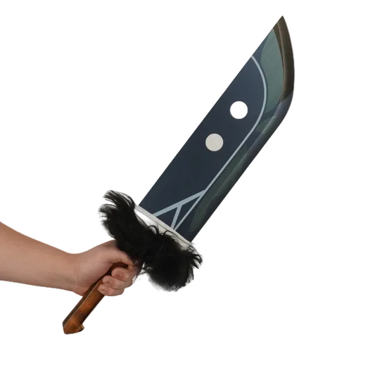 Hand holding a large decorative cleaver with a black feather duster on a plain background