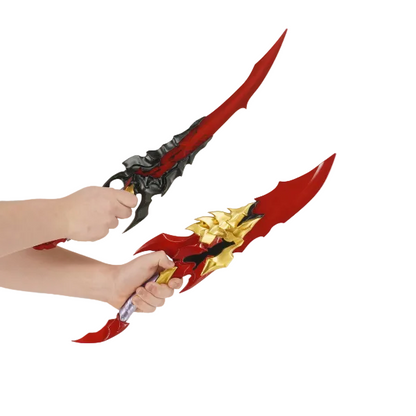 Red and black fantasy sword held by a person on a white background