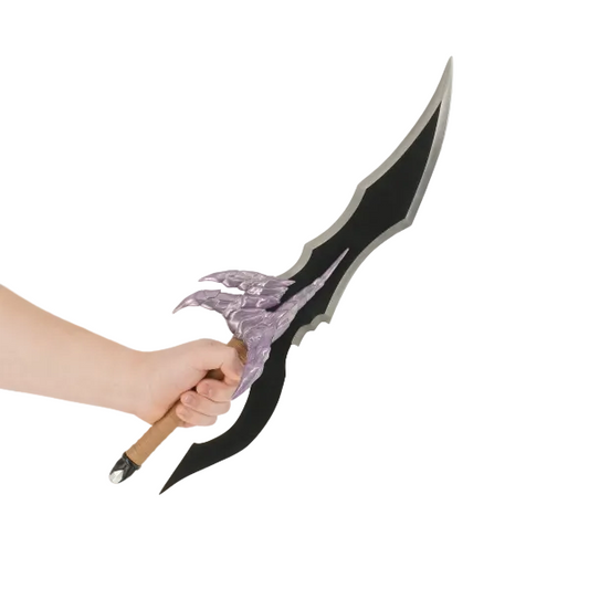 Hand holding a fantasy-style weapon with a decorative blade on a light gray background