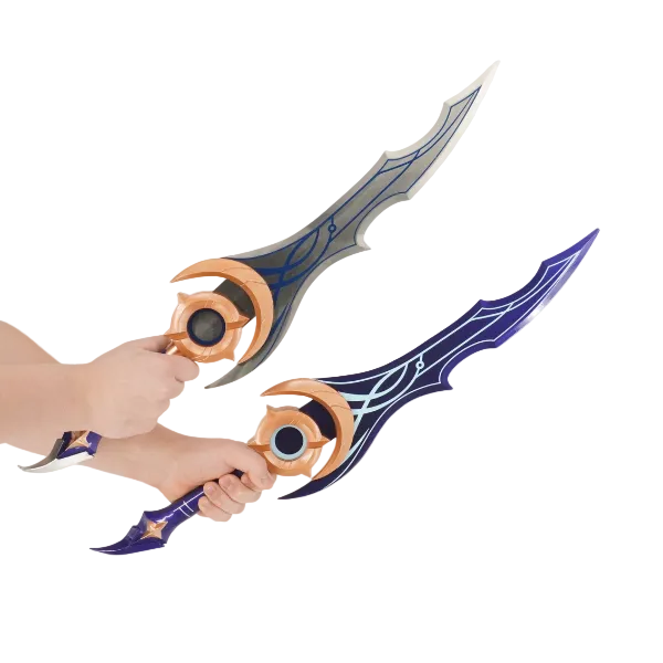 Two fantasy swords held by a person against a white background