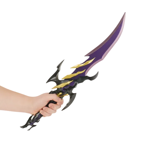 Hand holding a fantasy sword with a purple blade and black and yellow accents on a white background