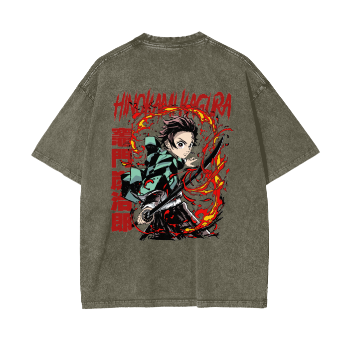 Tanjiro Kamado Hinokami Kagura Stone Wash T-Shirt - Demon Slayer