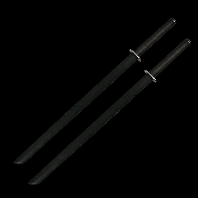 Two black swords with sheaths on a black background